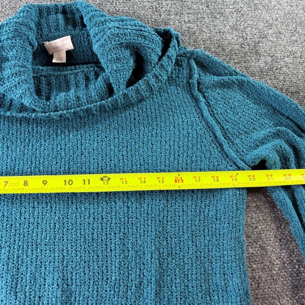 Caslon Cowl Neck Sweater Womens Small Teal Blue Textured Cotton Blend Pullover